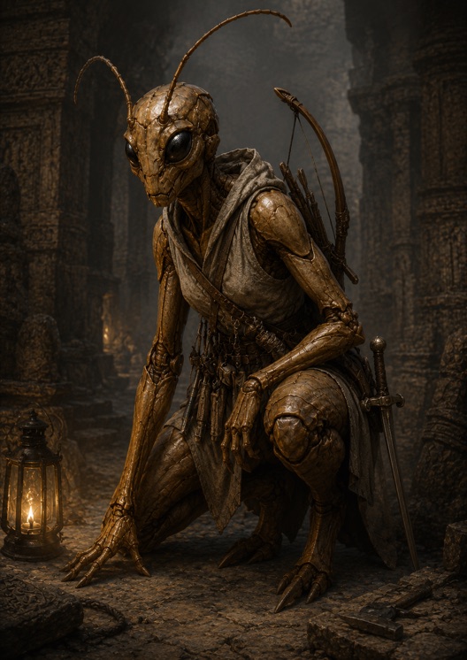 Sesh-Three-Steps, Khepra rogue crouching on ancient paving, bow across her back