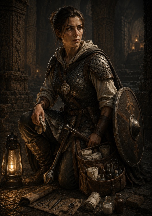 Sister Maelle Lock, human cleric kneeling beside her open healer's kit
