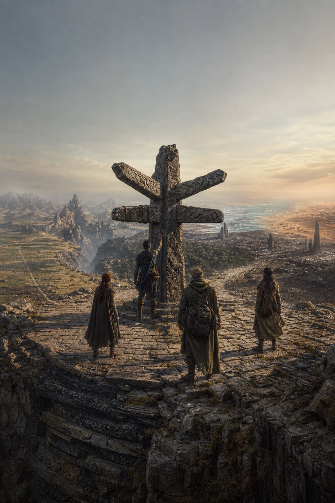 Four travellers before a carved stone marker, atop a paved road overlooking the continents of the Crown-World