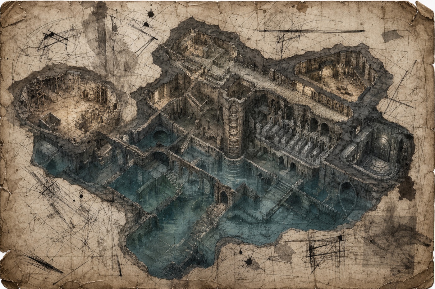 La carte des Assises, deuxième palier des Sédiments : fondations noyées, catacombes et cités englouties sous la ville d'aujourd'hui (JdR Vestiges, Sylkaen)