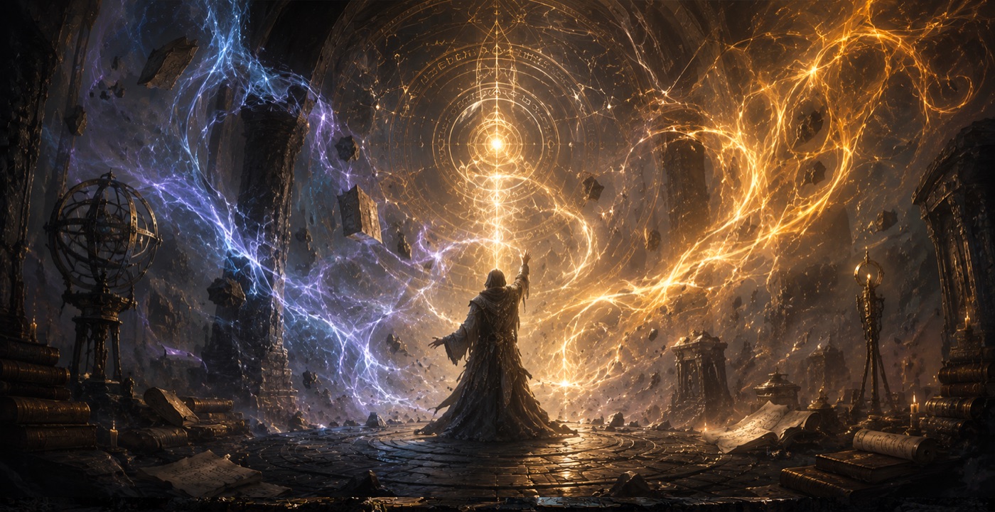 Une silhouette tend la main vers deux courants d'énergie qui se croisent dans une salle en ruine, illustration du Cosmos de Vestiges