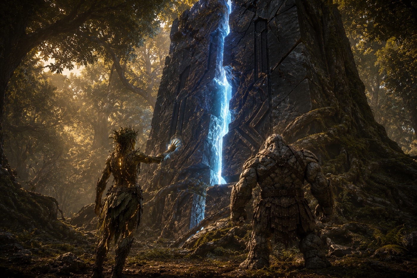 Two adventurers discover a Vestige standing deep in a Sylkaen forest