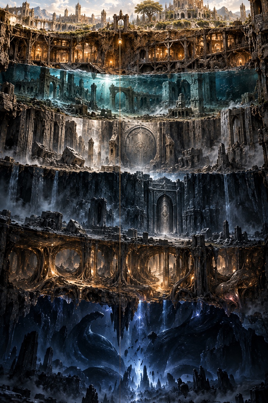 Coupe verticale sous une cité de Sylkaen : six mondes empilés, de la mine éclairée à l'abîme bleu du Sans-Fond (Vestiges, le JdR de Sylkaen)