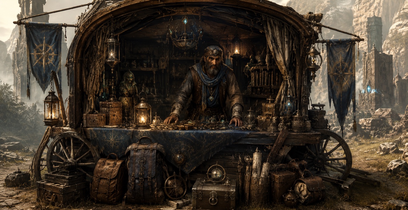 A travelling merchant's stall loaded with finds, before the ruins of Sylkaen