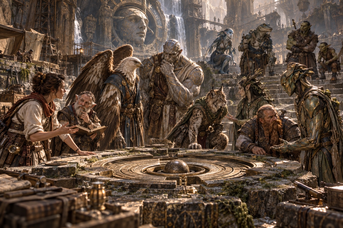 The peoples of Sylkaen gathered in council around a carved stone disc, in a ruined amphitheatre
