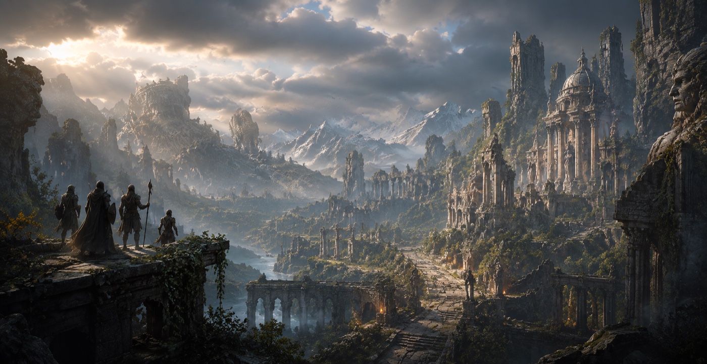 A party of adventurers looks out over a valley of Sylkaen strewn with cities and ruins