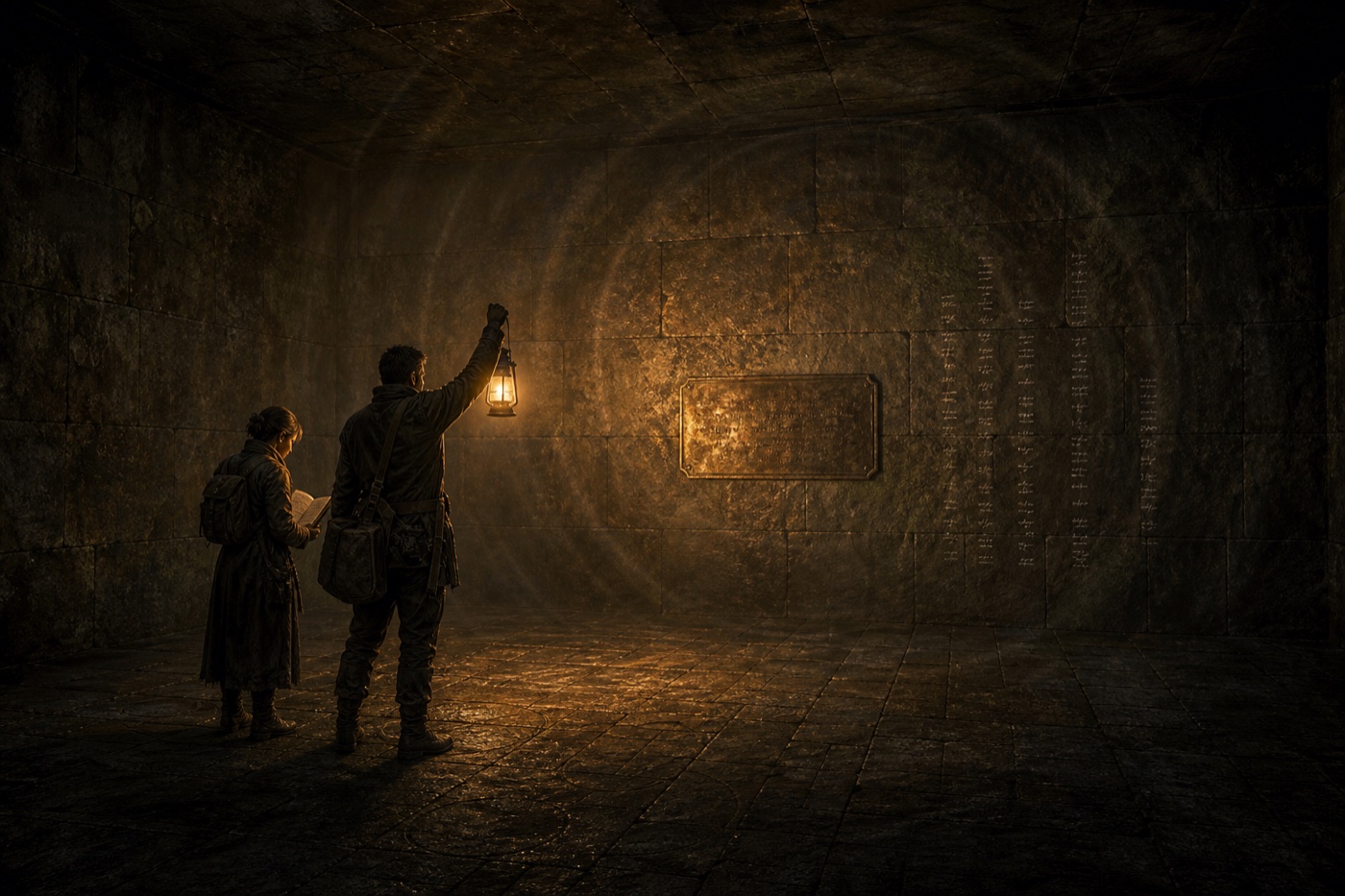 Two explorers light a carved wall in a sealed chamber, illustration from the Game Master's Book