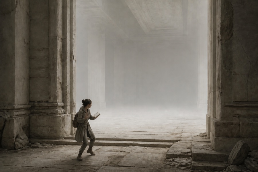 La Strate du Silence : une exploratrice s'avance vers une salle noyée de brume blanche