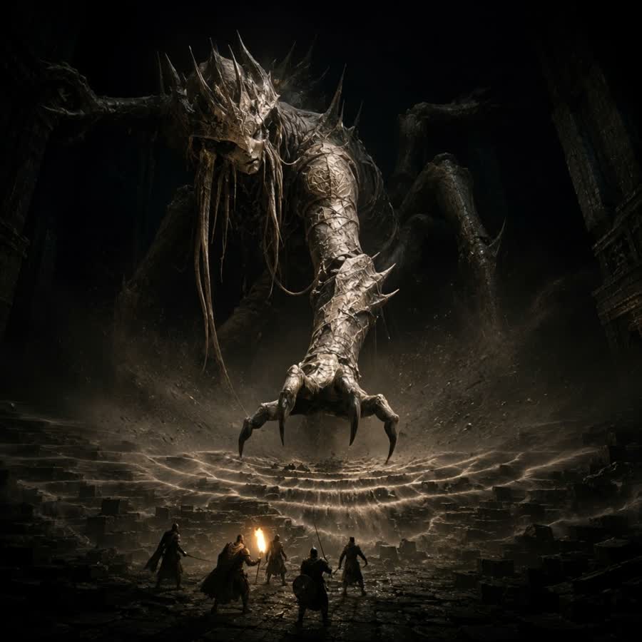 A stone colossus erupts from a cloud of dust before five adventurers, torch raised
