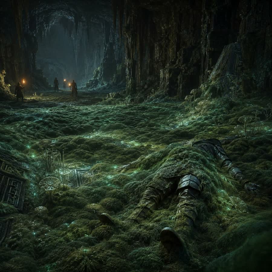 Phosphorescent moss carpeting a cavern floor, two lanterns in the distance