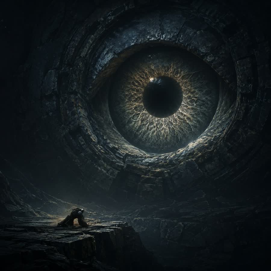 An immense eye open in a stone wall at the bottom of a chasm