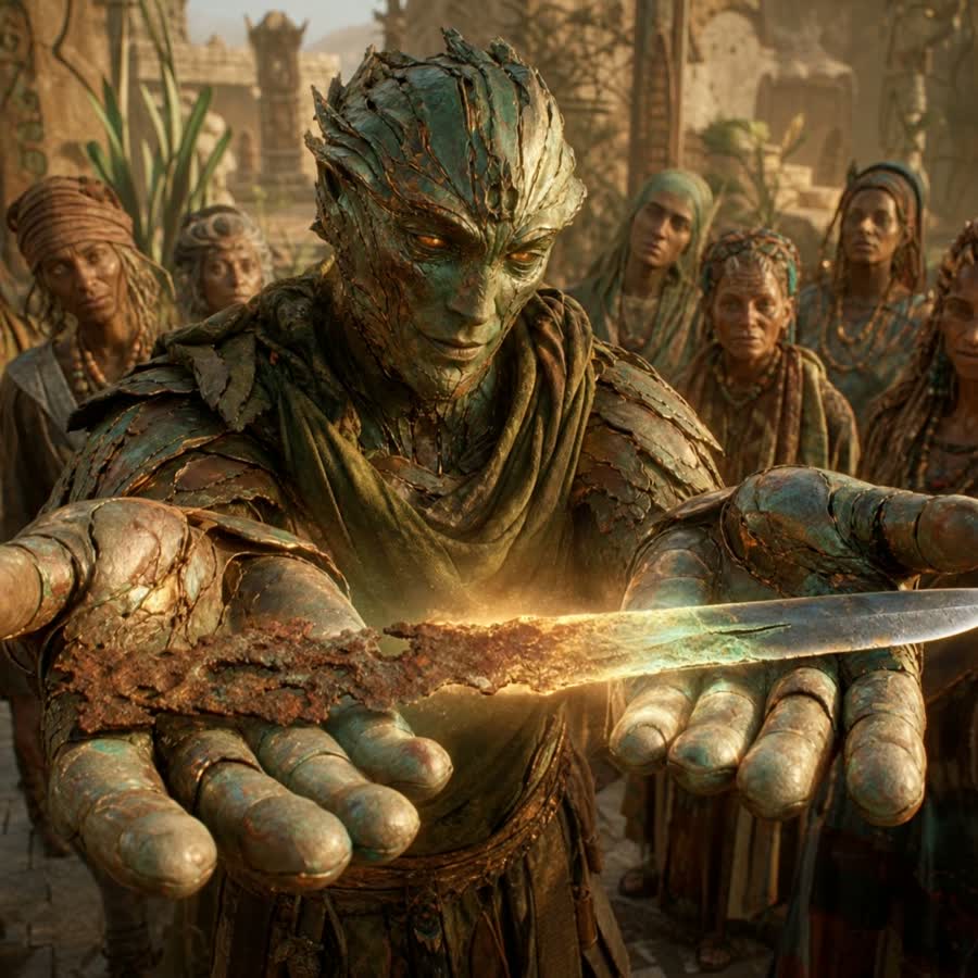 A stone being holds out a glowing blade to a crowd gathered around him