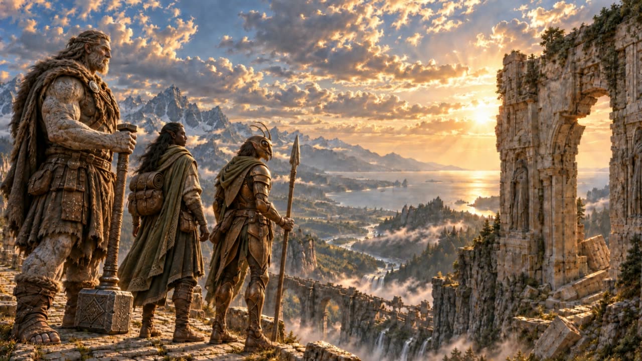 Trois aventuriers au bord d'une falaise en ruines, face à un immense paysage baigné de lumière dorée : l'un d'eux ouvre un portail lumineux dans une arche de pierre (Vestiges, le JdR de Sylkaen)
