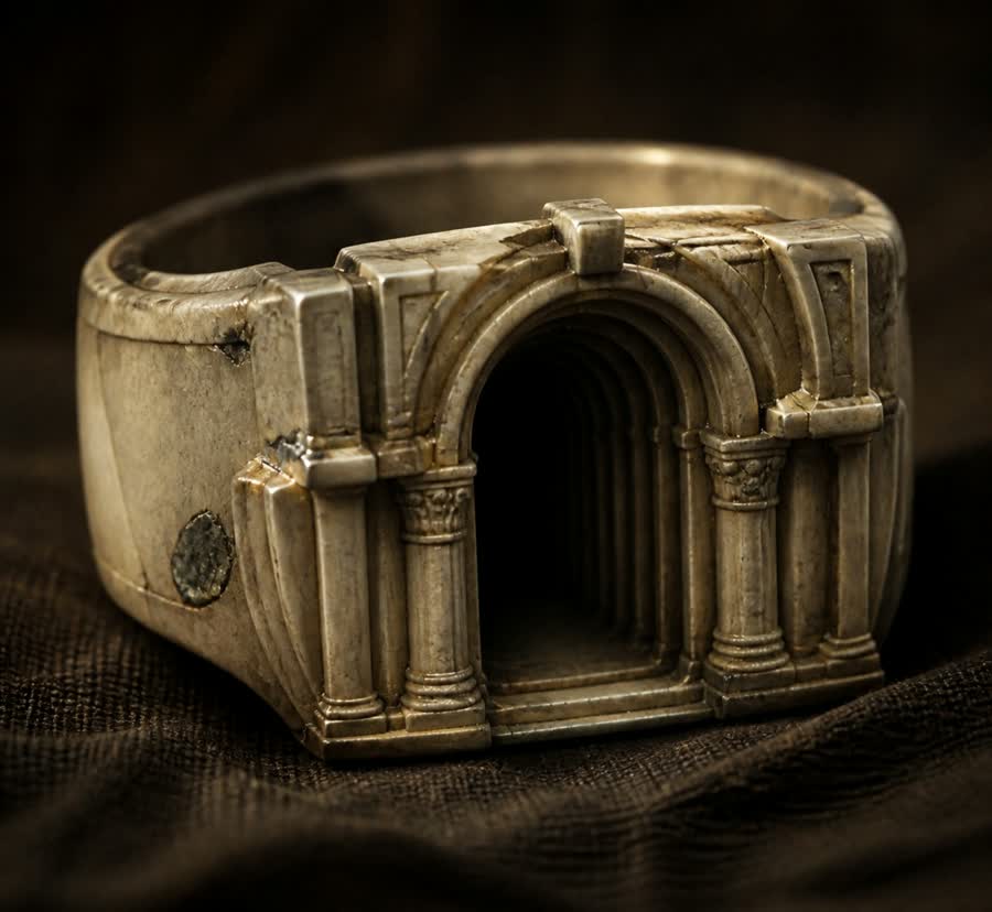 The Threshold Ring: a stone ring whose arch shelters a blue glow